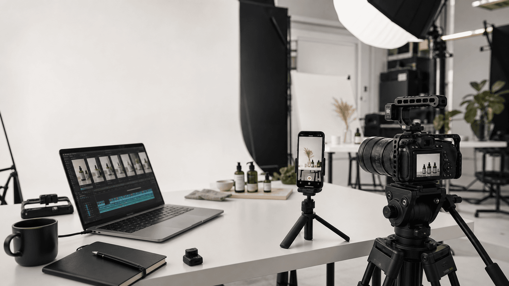 A premium content production setup with a camera, phone rig, and editing workstation.